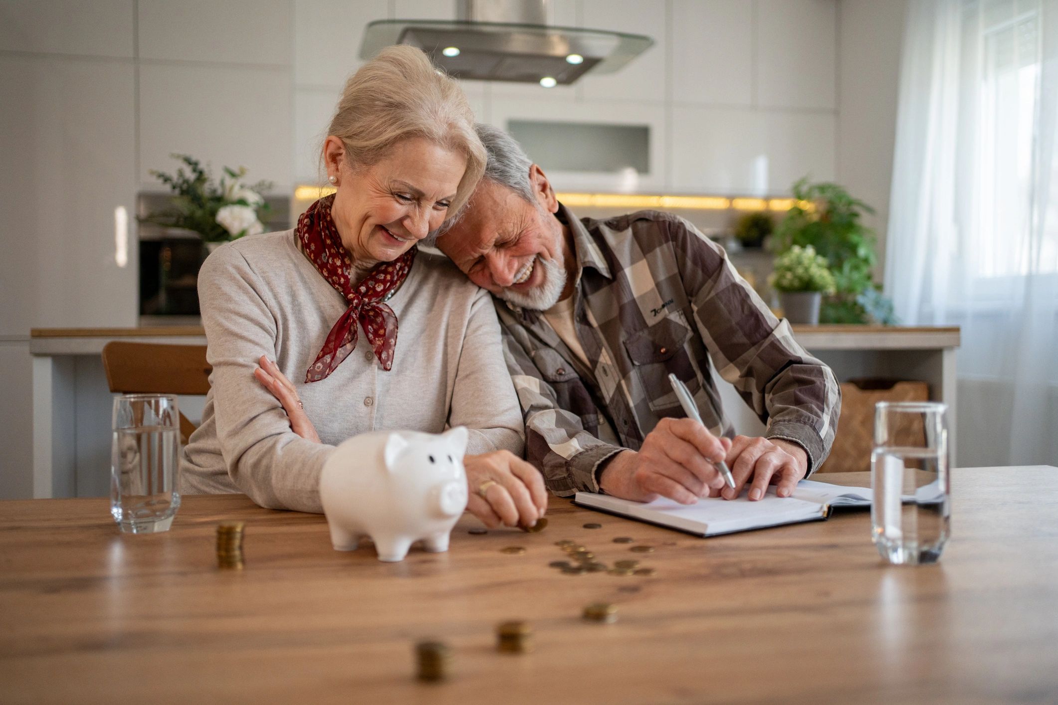 Senior couple reviewing expenses and savings at home